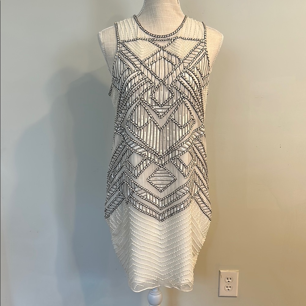 Sleeveless Sequin Elegant Cream and Black Geometric Mini Dress